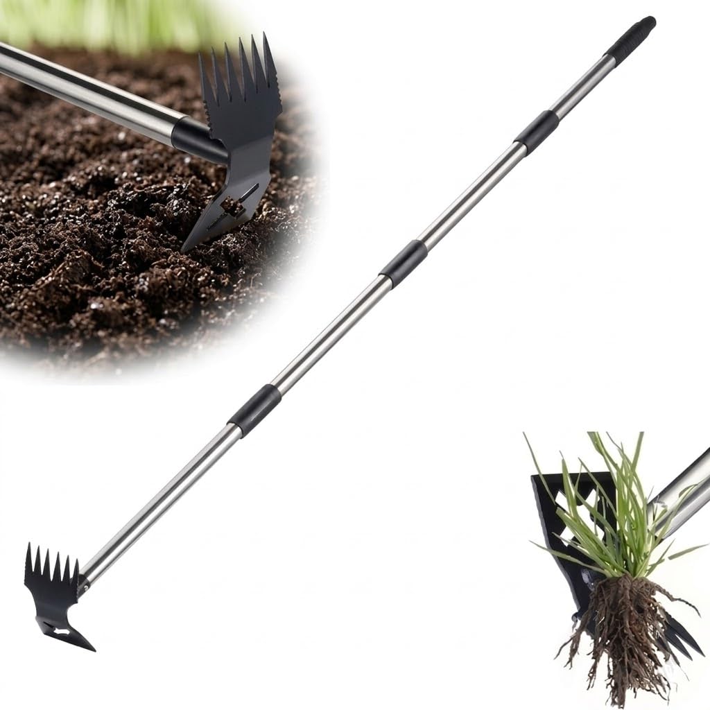 Weed Puller Tool with Long Handle, 2 in 1 Weed Rake and Garden Hoe, Heavy Duty Steel Manual Weeder for Yard, Lawn and Garden, 61 Inch(WP-01)