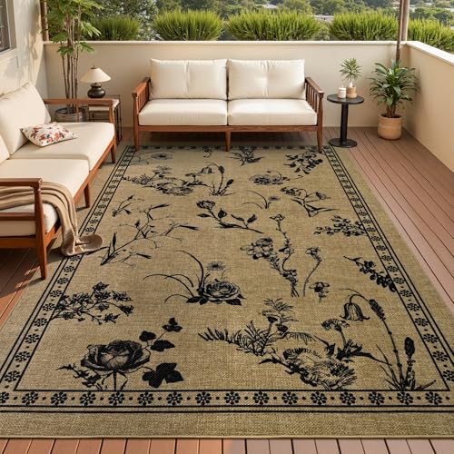 FALARK Easy Jute Area Rugs for Living Room, 5x7 Beige Botanical Sketch Thin Washable Rug, Non Slip Backing Indoor Outdoor Carpet for Bedroom Kitchen Office Backyard Patio Kids Room