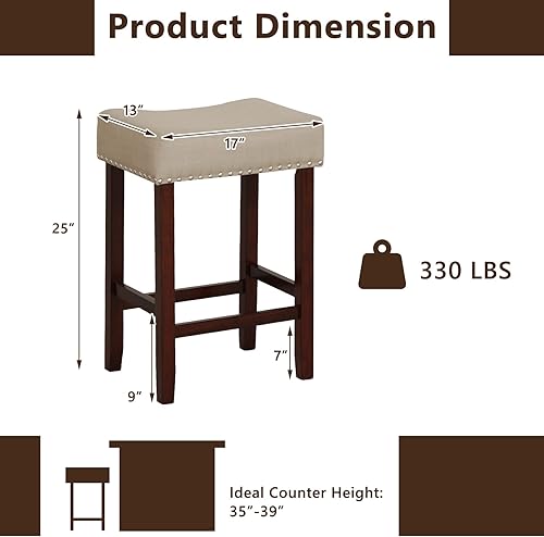 Miniatura 3 de Giantex Juego de 4 taburetes de bar de altura de mostrador de 25 pulgadas, taburetes de bar sin respaldo con asiento de espuma de lino con cabeza de