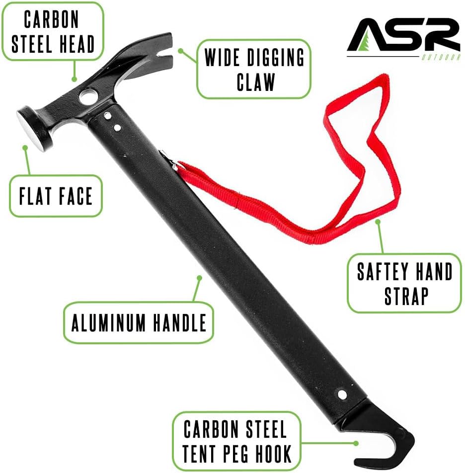 ASR Outdoor 13oz Carbon Steel Camping Hammer with Tent Stake Puller Hand Tool, 12 Inch