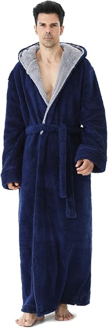 Hellomamma Mens Long Robes with Hood Full Length Hooded Bathrobe Fleece Plush Fluffy Housecoat Nightgown