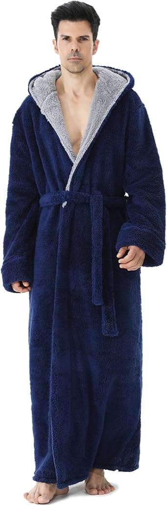 Hellomamma Mens Hooded Long Plush Fleece Robe,Soft Bathrobe for Home | Mens Plush Fleece Robe Loungewear, Soft FullLength Bathrobe, Cozy Fluffy Loungewear for Indoor Home Relaxation