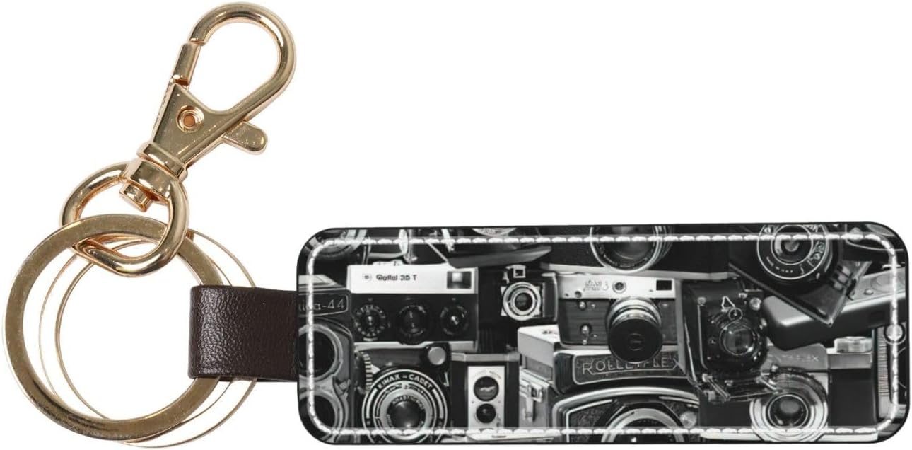Retro Cool Camera Collection Print Universal Key Fob Keychain, Leather Key Chain Holder For Men And Women