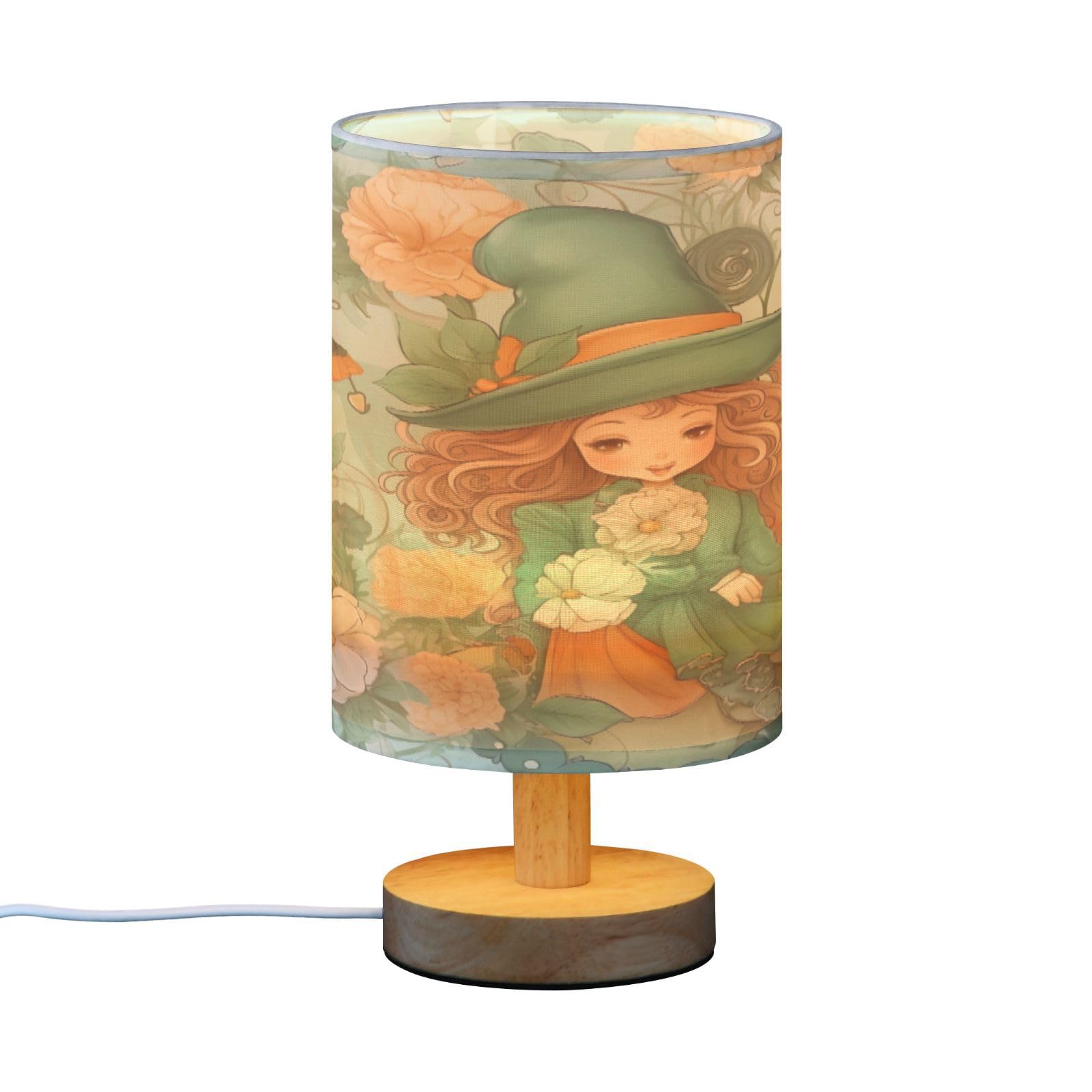 SDMKA Cartoon Shamrock Gnome Bedside Table Lamp for Bedroom, Minimalist Nightstand Lamp with Round Fabric Shade for Living Room, Office, No Bulb Required