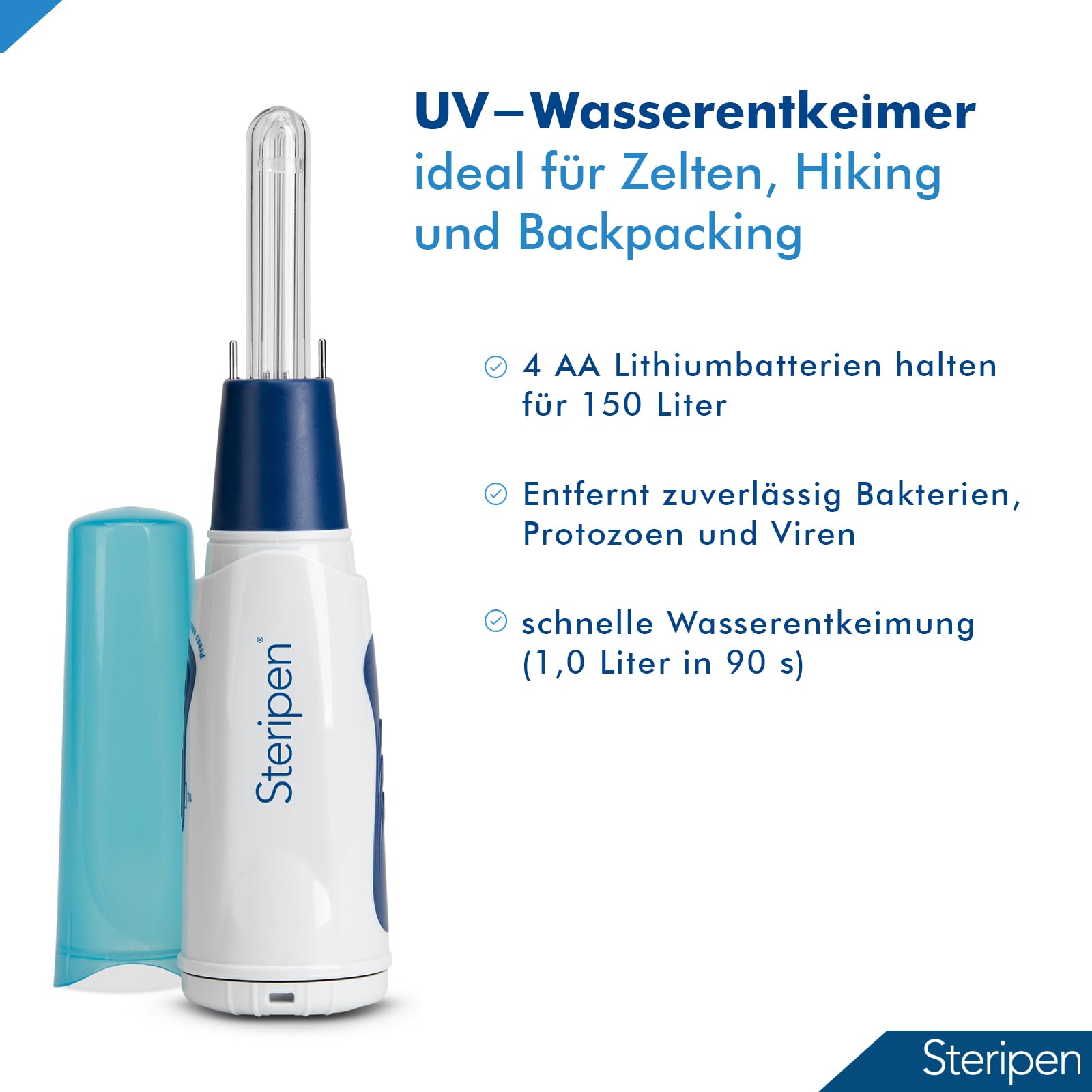 Steripen Classic 3 UV-Wasserentkeimer 60110077 | Wasser-Desinfektion mit UV Licht | wirkt gegen Protozoen, Bakterien, Viren | 90 Sek. 1 L Trinkwasser Entkeimer