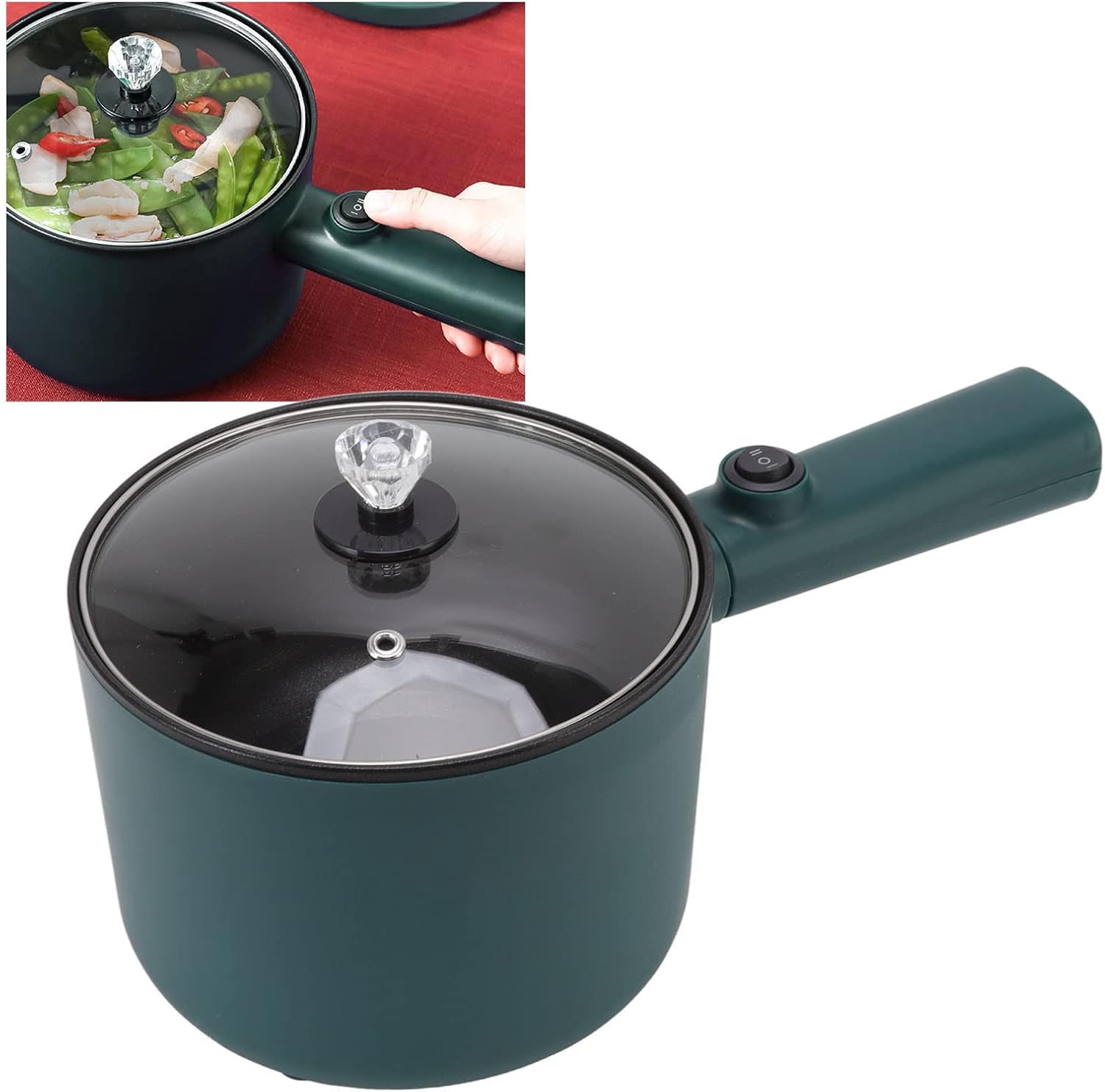 Electric Cooking Pot Integrated Electric Pot 6 Function Cooker Household Manual Mini Electric Hot Pot 1.8L with 2 for Temperature Mode Green Small Long Handle Potted Plant Hot Pots (US Plug 110V)
