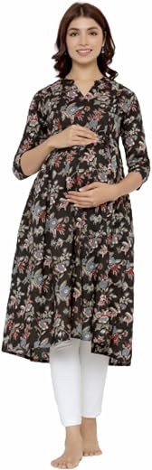 CRAFIQA Pre &amp; Post Maternity/Nursing Wear Hand Block Printed Kurta/Kurti Cum Midi Dress/Nighty with Both Sides Zipper for ...