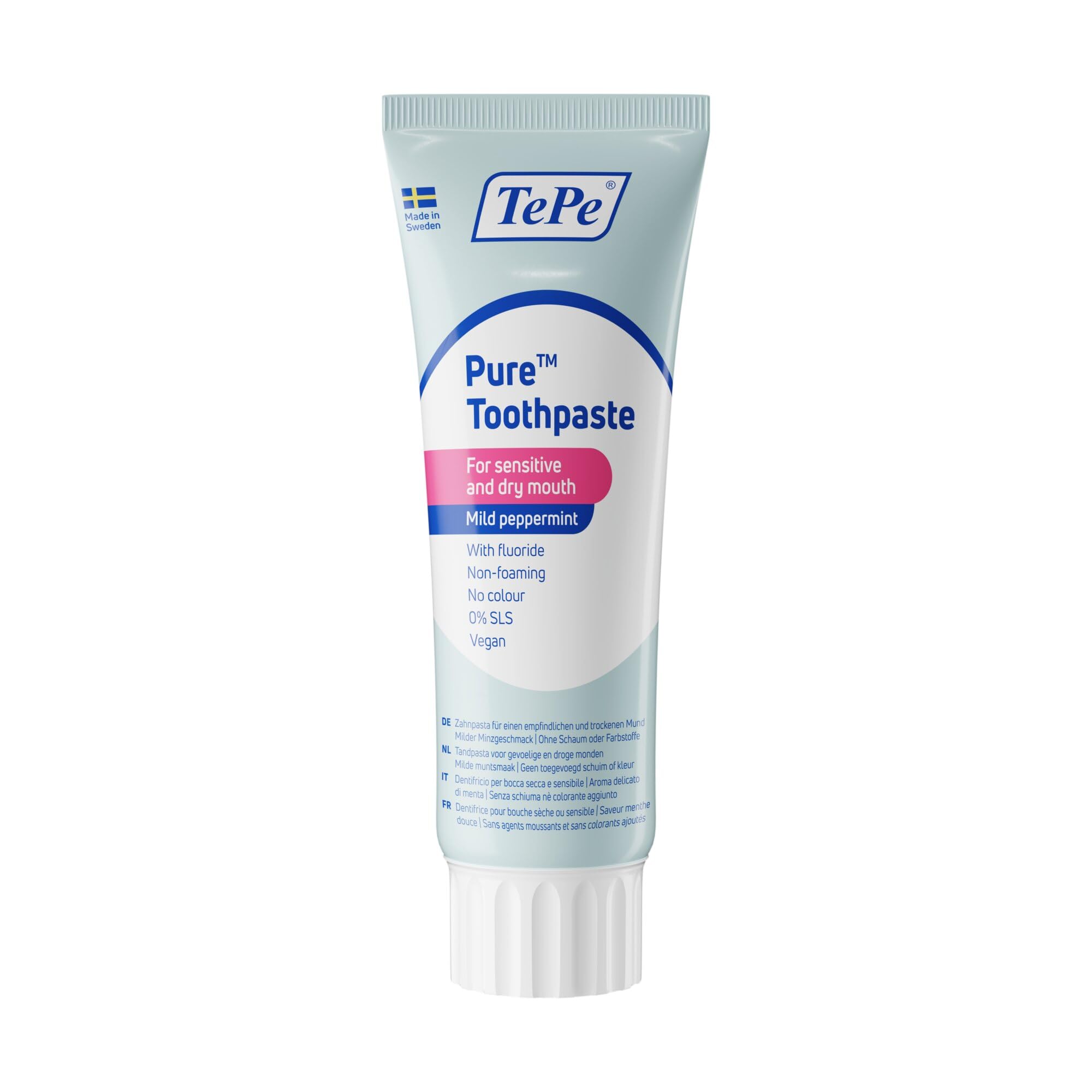 TePe Pure Toothpaste, mild Peppermint, Very Gentle Everyday Fluoride Toothpaste for Sensitive Gums and Dry Mouth, Age-Appropriate Fluoride Level