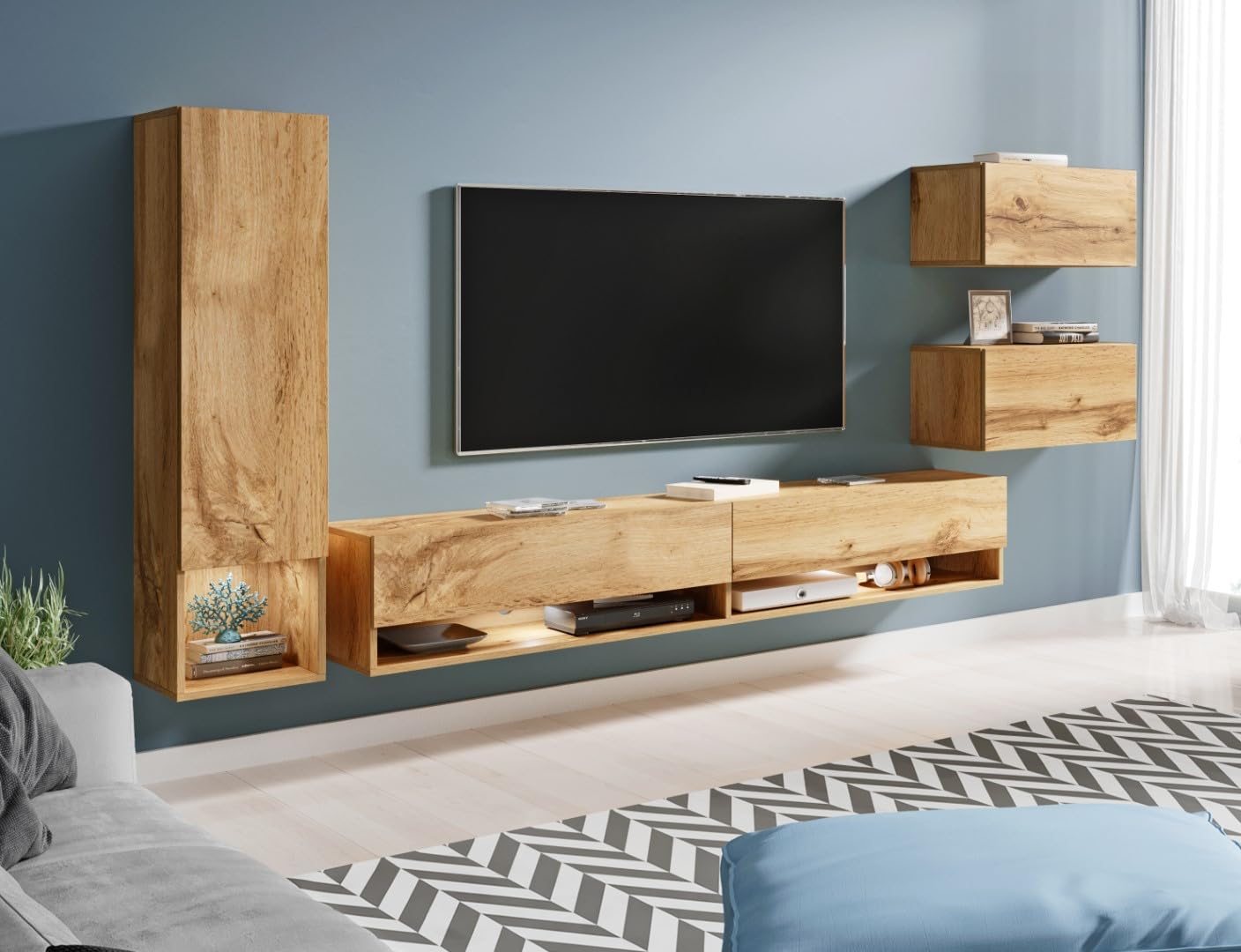 MINIO go for it - Mur de Salon Suspendu 4 pièces Amy, sans éclairage LED | Armoire murale, panneau stratifié, couleur : chêne Wotan