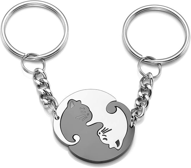 JSDDE Couples Keyrings Yin Yang Cat Keychain Stainless Steel Puzzle Cats Key Ring for His and Hers Friends Valentines Gifts (Silver & Black)