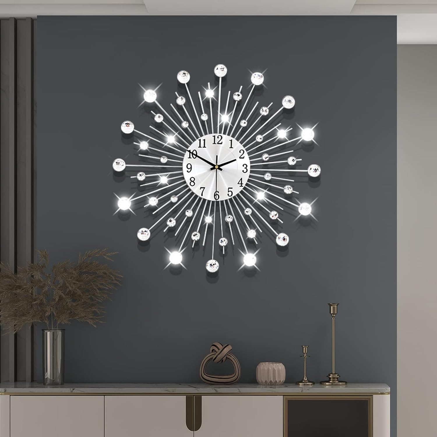 Large Decorative Wall Clock for Living Room Decor Silver Metal Crystal Modern Starburst Wall Clock 20 Inch Big Silent Quartz Clock Battery Operated Non Ticking for Kitchen Office Bedroom