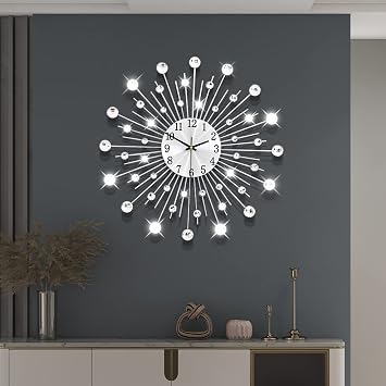 Large Decorative Wall Clock for Living Room Decor Silver Metal Crystal Modern Starburst Wall Clock 20 Inch Big Silent Quartz Clock Battery Operated Non Ticking for Kitchen Office Bedroom
