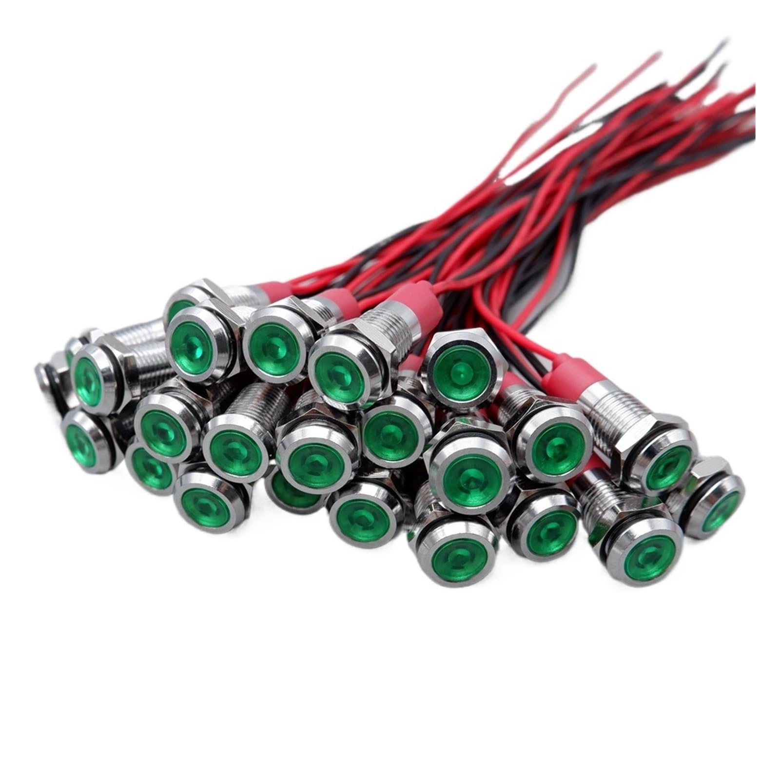 25 szt. 6/8/10/12 mm metalowa lampka ostrzegawcza LED 3 V 5 V 12 V 24 V 110 V 220 V czerwony pomarańczowy zielony niebieski z przewodem (25 szt. zielony, 8 MM_110-220 V)