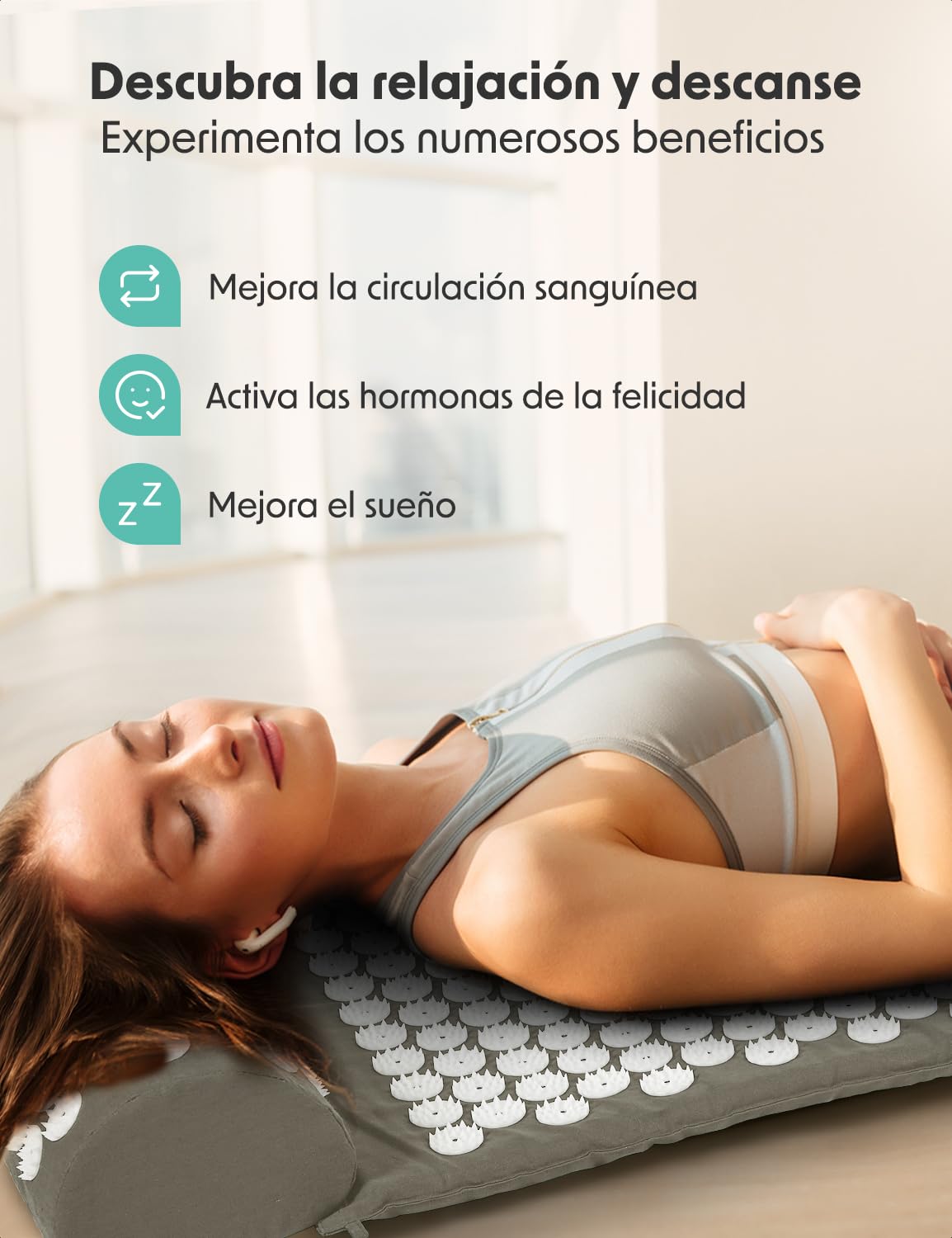 LifeGood Esterilla Acupresion - Eco - Con Cojín, Bolas de Masaje y Bolsa - Almohada - Colchoneta de Acupuntura Relajación y Alivio del Dolor - Flor de Loto - Gris & Bianco
