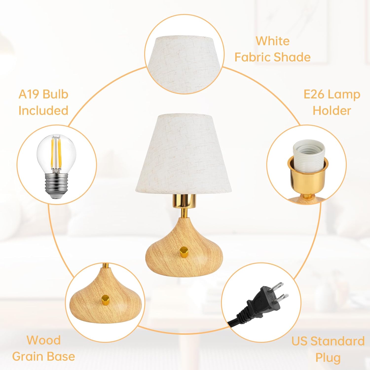 Nightstand Table Lamp with Knob Switch,Seamless Dimming, Wood Base & Fabric Shade, E26 Bulb Included, Compact Bedside Lamp for Bedroom, Living Room, Office