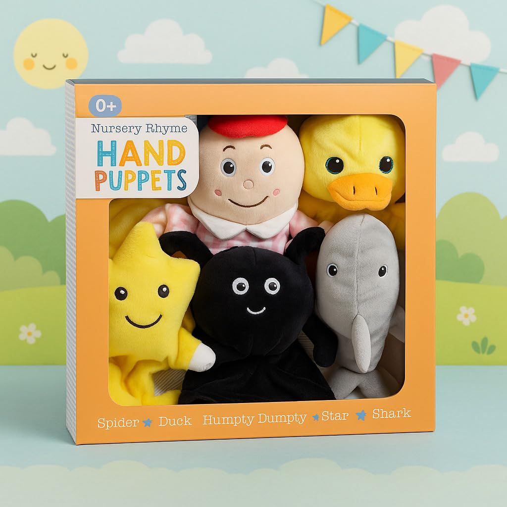 New 5pk Cute Hand Puppets – 5 Soft Plush Characters: Humpty Dumpty, Duck, Spider, Star & Shark, Fun Educational Storytelling Set - A16
