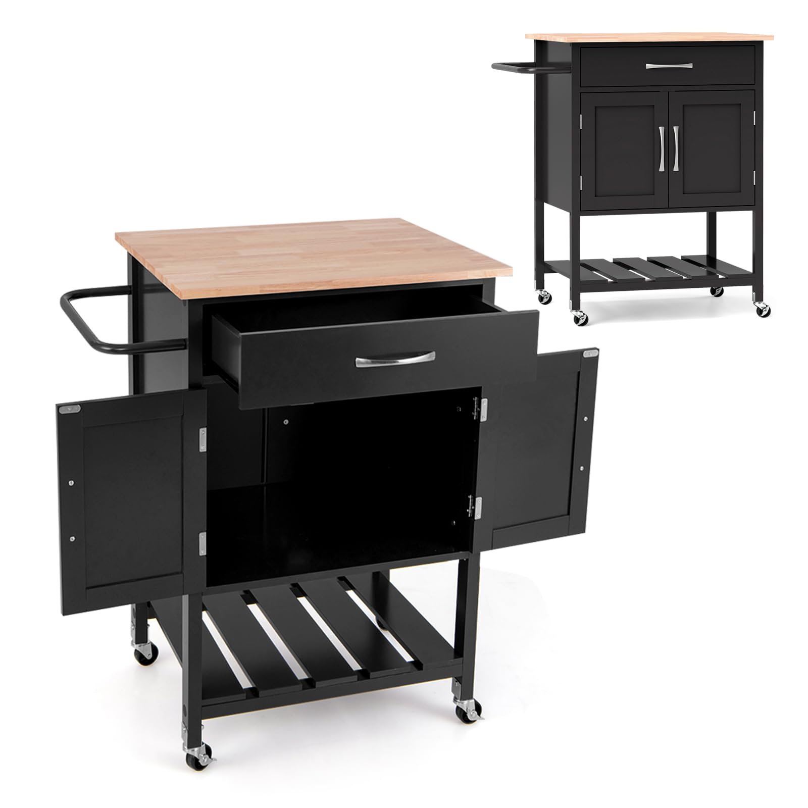 KOMFOTTEU Carro de Cocina con Encimera de Madera de Caucho, Isla de Cocina con Ruedas, Carrito de Servicio con Cajón, Armario con Puertas, Bandeja Inferior, 73 x 48 x 90 cm (Negro)