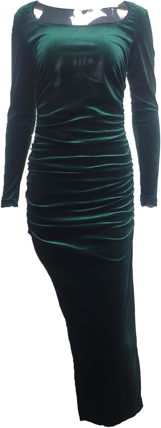 Women's Sexy Velvet Bodycon Long Sleeve Dress High Slit Cocktail Party Maxi Dresses Square Collar Formal Evening Dresses