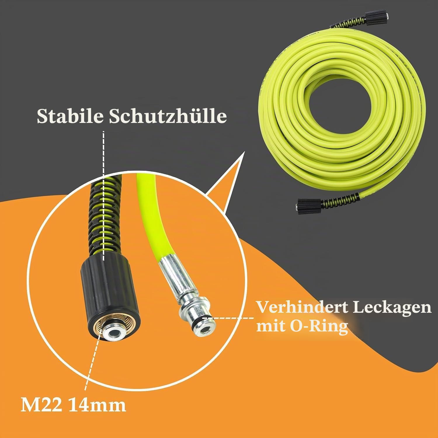 M MINGLE Hochdruckreiniger Schlauch 30m (100 FT) x 1/4 Zoll, M22 14 mm Ersatzschlauch für Hochdruckreiniger mit 3/8 Zoll Schnellkupplungs-Set, 248 bar (3600 PSI)