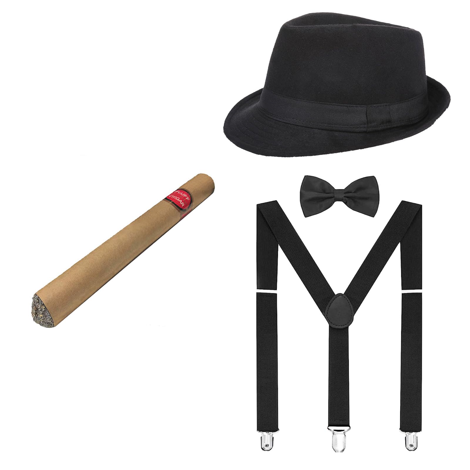 4Pcs Men's 1920s Costume Accessories Set Vintage Gentleman Gangster Fedora Beret Hat Bow Tie Suspenders Fake Cigar Set Halloween Roaring 20s Fancy Dress Party Mardi Gras Costume Outfits Supplies