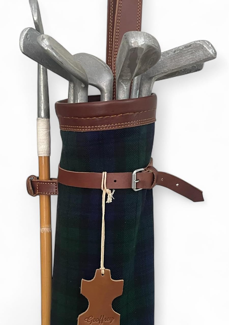 Geoffrey | Golf Club Carrying Bag with 2 Pockets | Vintage Canvas with 100% Cow Tan Leather Pockets and Straps | Retro - Golf Bag only (Black Watch Scottish Tartan)