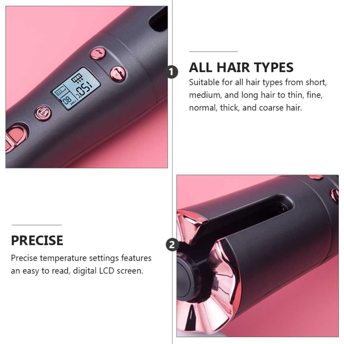 Rizador Automático Inalámbrico, Rizador Profesional de Cerámica Recargable 5200 Mah, Temperatura 150-200 ℃, Pantalla Lcd y Temporizador, para Cabello Largo y Medio