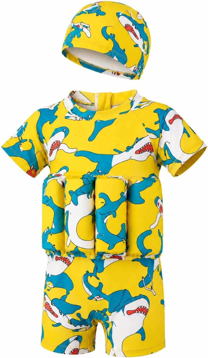 DivingBirds Toddler Floatie Swimsuit with Hat for Boys Girls, Floating Swim Suit with Built-in Floatation, 1-6Y