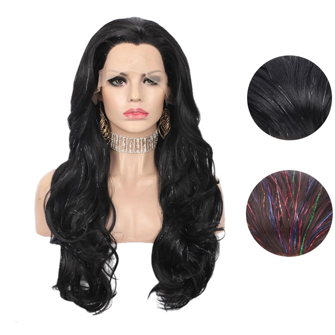 Tinsel Wig Black Brown Synthetic Lace Front Wigs Natural Long Wavy Wigs For Women Party Glitter Wig 26 Inci black