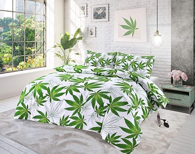 KARKARM Cannabis Leaf Print Duvet Cover Double Bed Green White Marijuana Leaf Weed Duvet Cover Set Reversible Comforter Cover Bedding Quilt Covers Sets 3 pcs