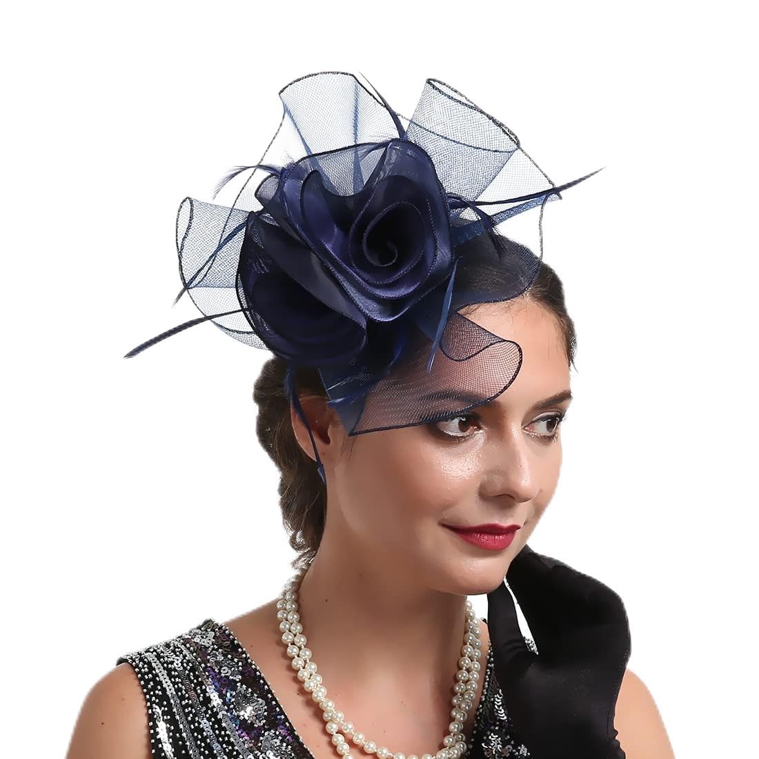 TOPOQ Navy Fascinators for Women Wedding Fascinators Tea Party Hat Flapper Pillbox Fascinator Hat Derby Ascot Hat with Headband Hairclips Headdress Headpieces