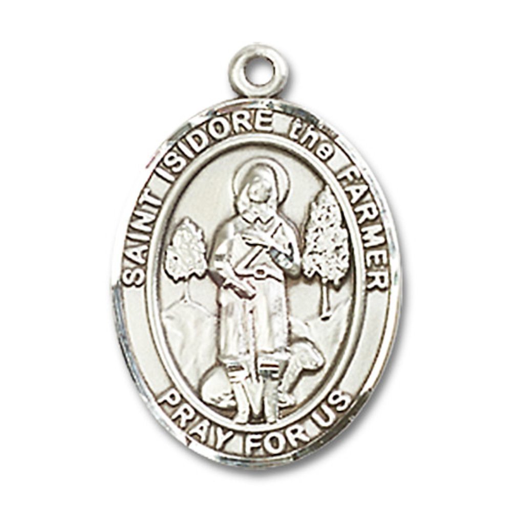 Bonyak Jewelry Saint Medal Collection Sterling Silver St. Isidore The Farmer Pendant 3/4 x 1/2 inches with Sterling Silver Lite Curb Chain