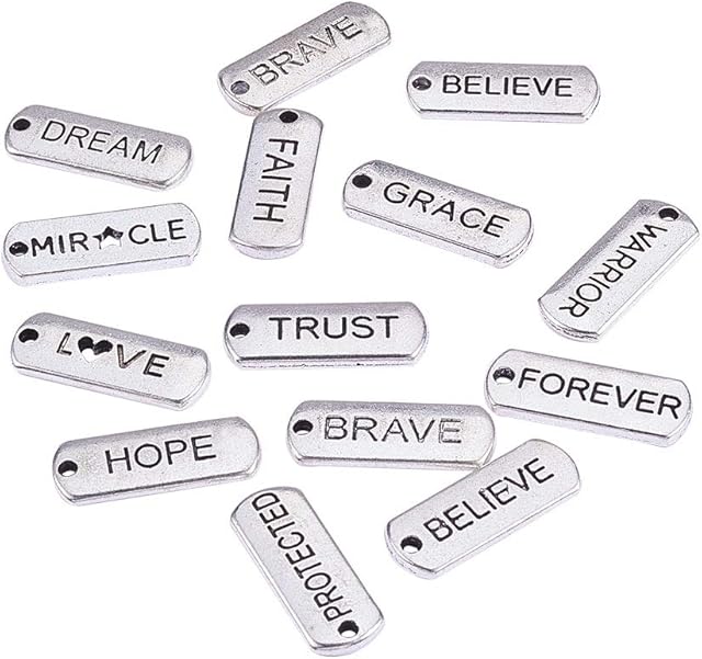 Stiesy 1 Box Tibetan Style Inspirational Word Charms Rectangle with Word Faith Brave Believe Charms Bulks for DIY Jewelry Making