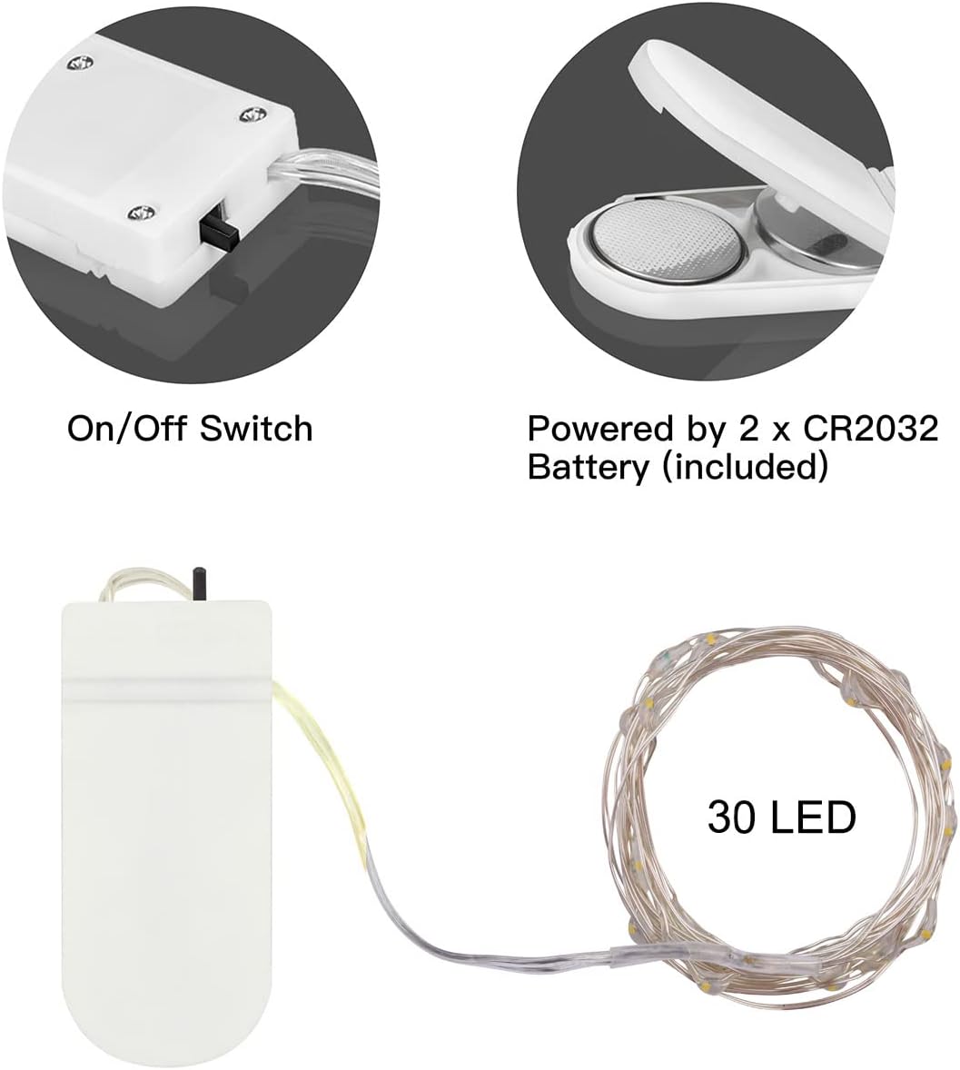 16 Pack 10ft 30 LED Fairy Lights - 33% Longer & 50% Brighter vs 7ft 20 LED, Upgraded CR2032 Battery Extended Life, Silver Wire Warm White for Wedding, Crafts, Mason Jars
