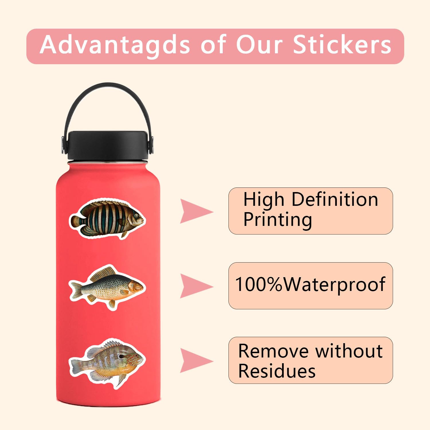 100 Pieces Funny Fish Stickers for Water Bottle, 2-2.5 inch - Image 4
