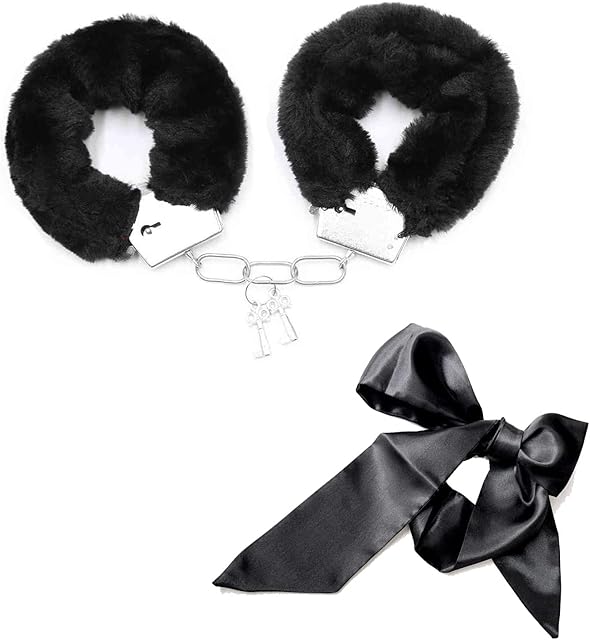 Metal Handcuffs with 2 Keys,Satin Headband Pearl Headband Satin Blindfold Kids Play Toy ,Cosplay Costume Props for Cosplay ,Handcuffs Prop Dress Ball Party (Black) (Black)
