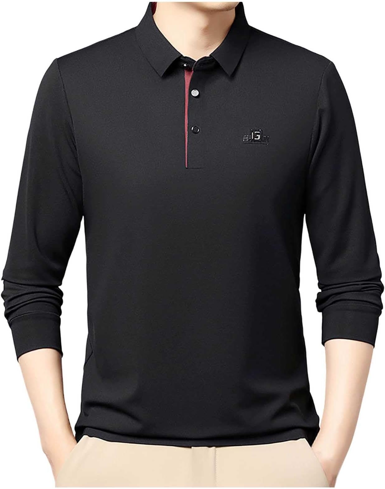 Men's Long Sleeve Polo Shirt Button Down Collar Casual Business Solid Color Pullover Top