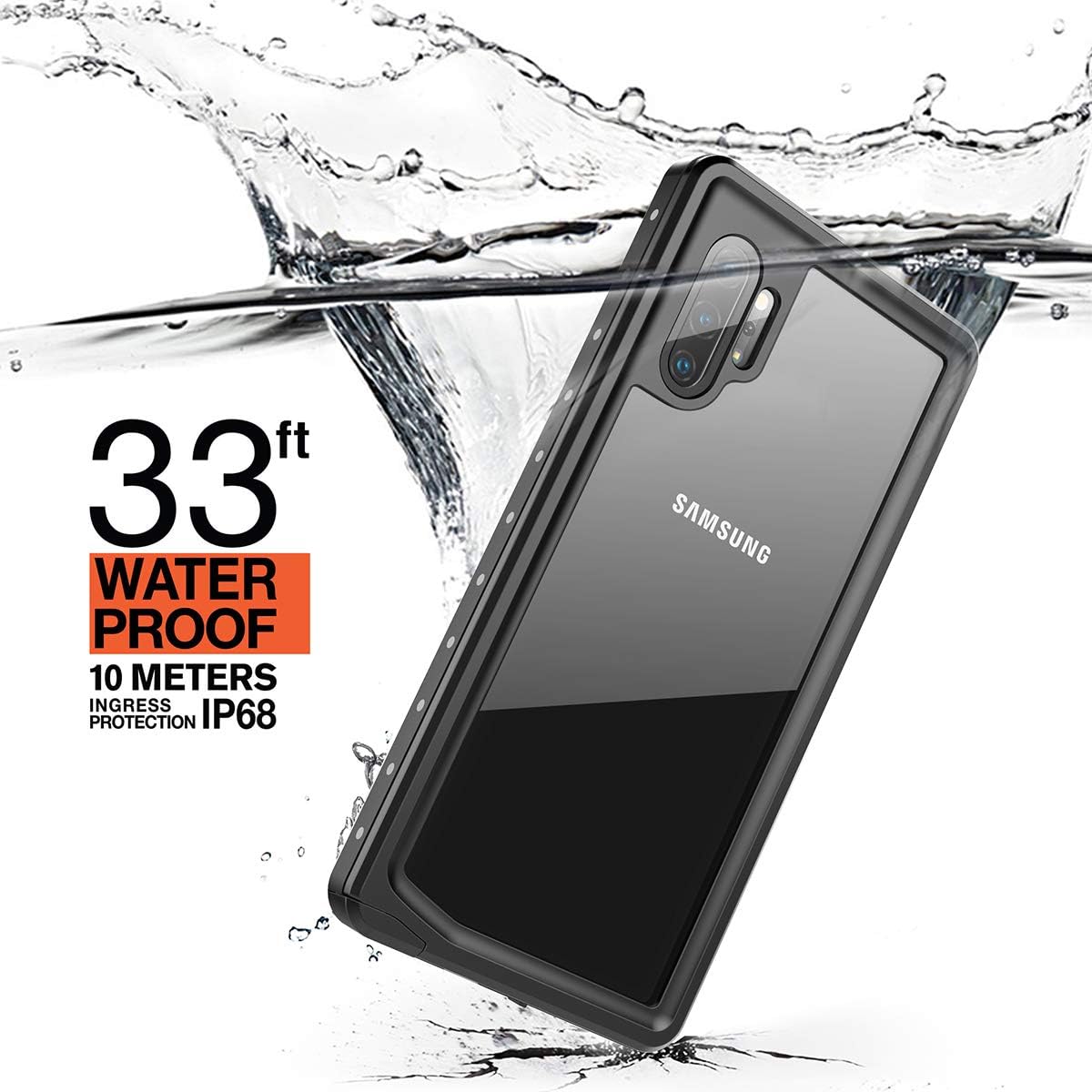Exсluѕіvе Sресіаl Galaxy Note 10 Plus Waterproof Case, Inkolelo Built-in Screen Full-Body Protector with Floating Strap IP68 Waterproof Case for Galaxy Note 10 Plus 5G Case (2019) - Matte Black/Orange