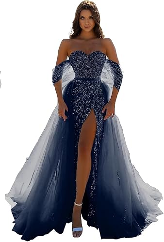 Vestidos de fiesta de lentejuelas con purpurina 2025 con abertura de sirena de tul de noche brillante elástico vestido formal con cola no