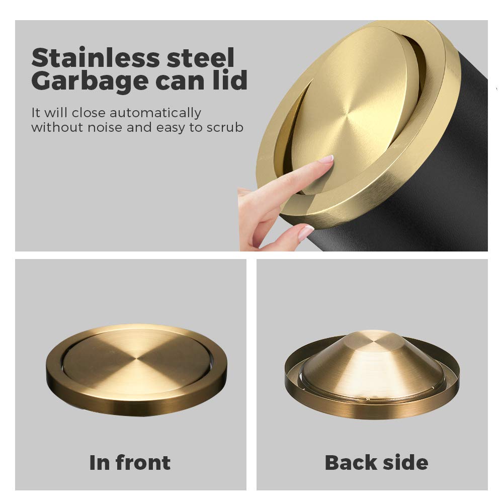 cleaning Small Trash Can with Flipping Lid, 9 L/2.8gallen, Stainless Steel Trash can.for Kitchen, Living Room, Bathroom, Bedroom Garbage can Black and gold