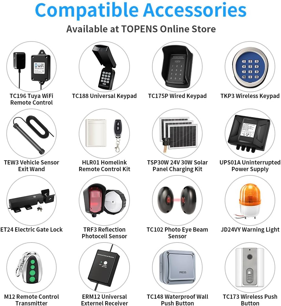 TOPENS PW302 Dual Swing Gate Opener Light Duty Automatic Gate Motor for Double Swing Gates Up to 12ft per Arm, Electric Driveway Gate Operator AC Powered with Remote Control Kit Solar Compatible