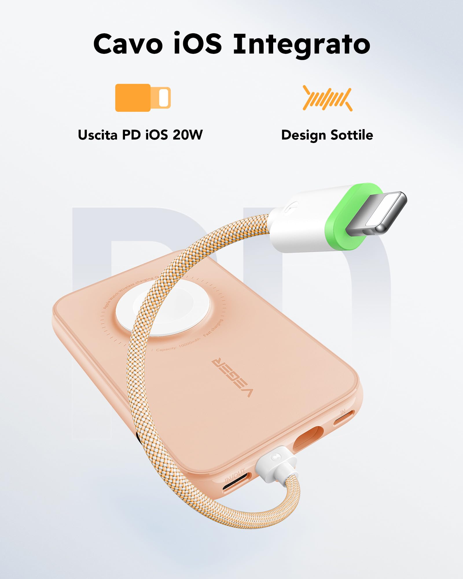 VEGER Power Bank 10000mAh con Cavi Integrati compatibile con iPhone Apple Watch, 20W PD Ricarica Rapida Mini Powerbank USB C Batteria Esterna 4 Ingressi e 3 Uscite con LED Display