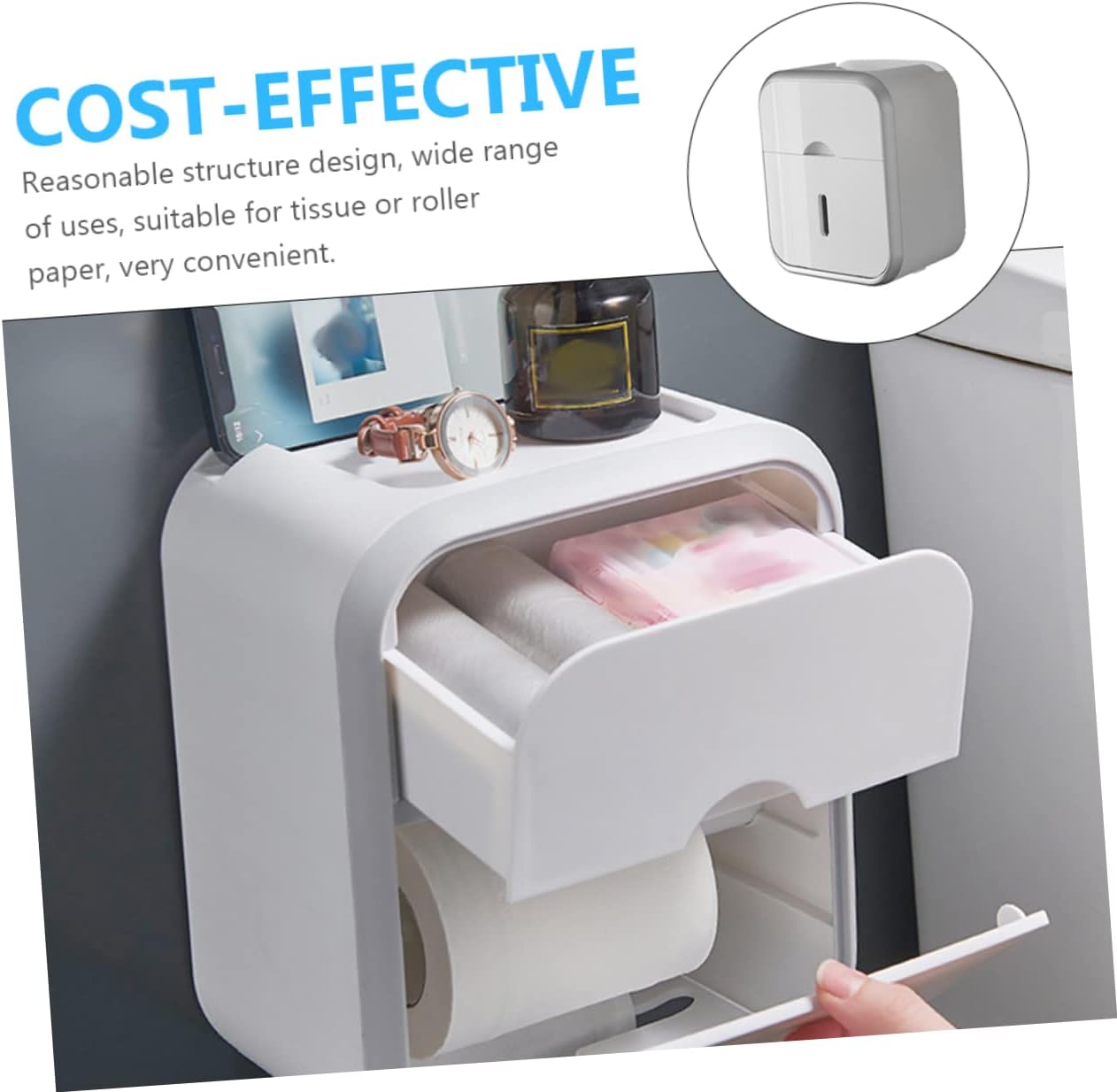 Hemobllo Multi Functional Wall Mounted Toilet Paper Box Organizer Tissue Dispenser for Bathroom Supplies Material Space Saving Design Grey