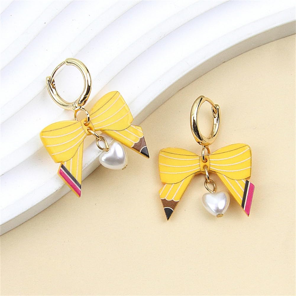 Teacher Earrings for Women Pencil Shaped Bow Earrings Heart Dangle Earring Bow Trnedy Preppy Earrings for Women Cool Earrings for Teachers - Image 3