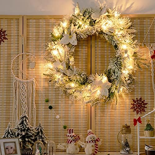 COSTWAY 60cm/24inch Pre-Lit Christmas Wreath with 50 LED Lights, Flowers & Berries, Built-in Timer, Battery Operated Artificial Wreaths Christmas Decoration for Door Table Window Wall (Snowy)