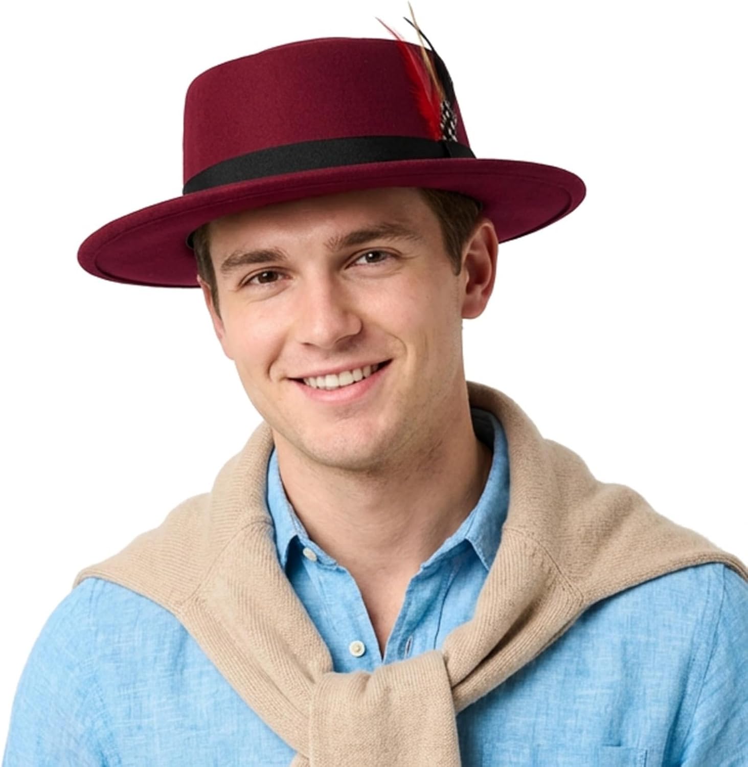 Wool Felt Fedora Hats for Women Men, Wide Brim Flat Top Hat Porkpie Hat, Jazz Hat with Feather Unisex - Image 8