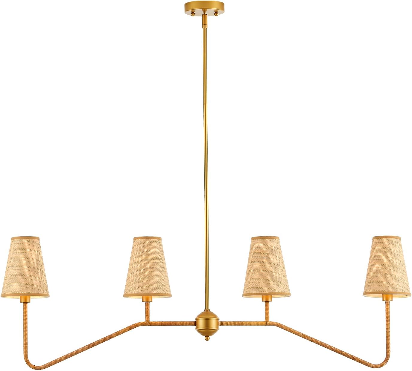 VILUXY 4-Light Linear Kitchen Island Lighting Fixture 47’’ Dining Room Chandelier with Hand Woven Rattan Shade Linear Pendant Light Fixture Gold, UL Listed