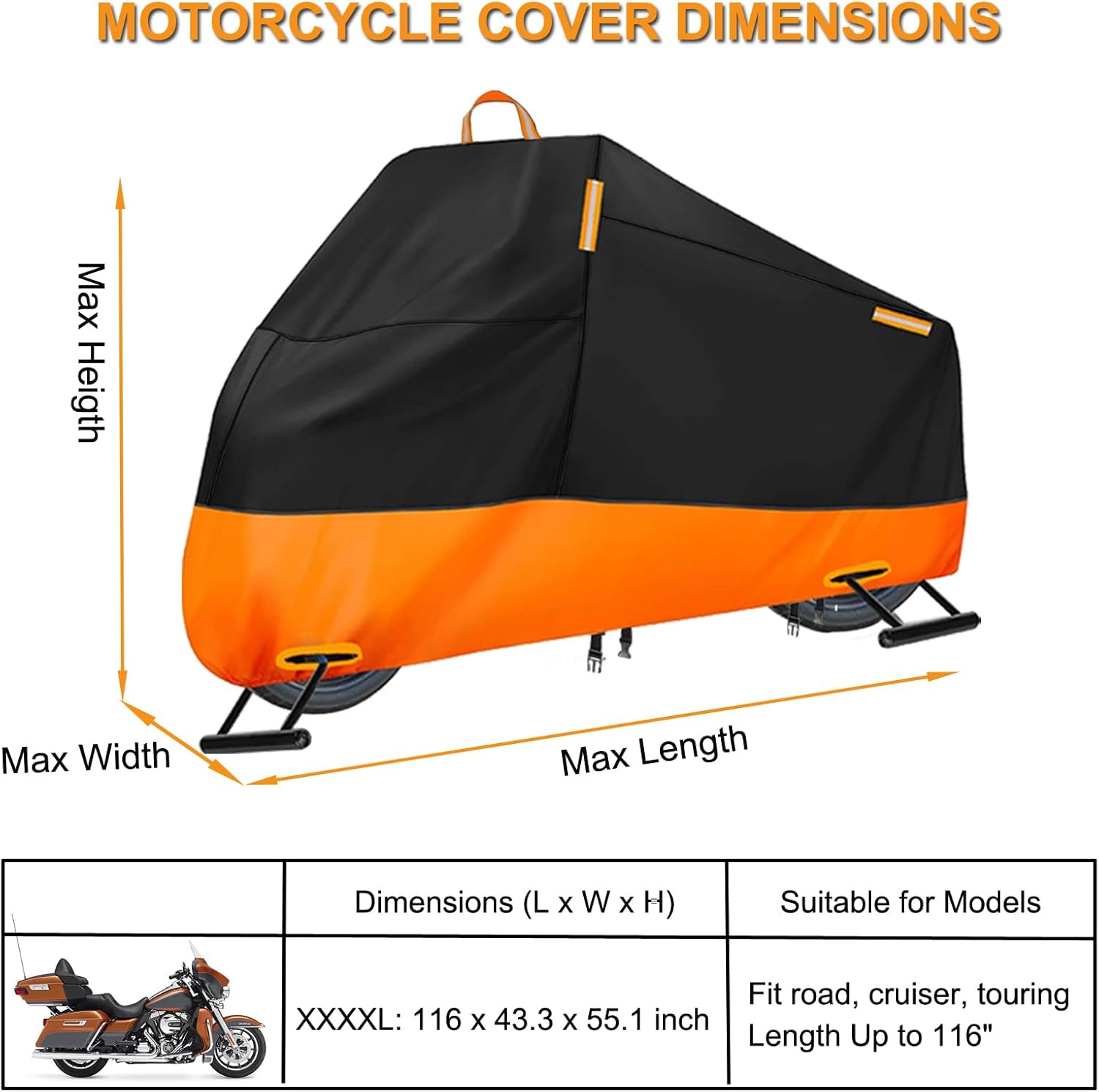 Motorcycle Cover Waterproof Outdoor, 300D Heavy Duty Motorcycle Cover for Harley Davidson Electra Glide Ultra Limited CVO Road Street Glide Gold Wing, All Seasons Protection Fits up to 116"