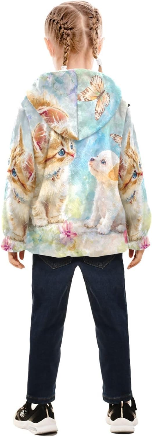 ALAZA Cat Dog Butterfly Hoodie Jacket for Girls Toddler Fleece Zip Up Coat Plush Jacket Long Sleeve Outerwear for 3 Years