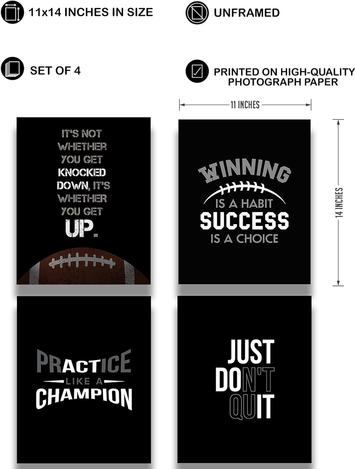 Govivo Football Inspirational Wall Art Set of 4, 11x14 Unframed Prints, Sports Quote Decor for Boys Room or Teen Bedroom, Game Room, Football Gifts for Players, Coaches & Fans