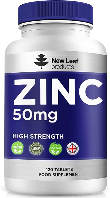 Zinc 50mg High Strength Zinc Tablets 4-Month 120 Supply, Pure Zinc Supplements Contributes Towards The Immune System and Fertility, Vegan, Non-GMO, GMP, Made in UK by New Leaf
